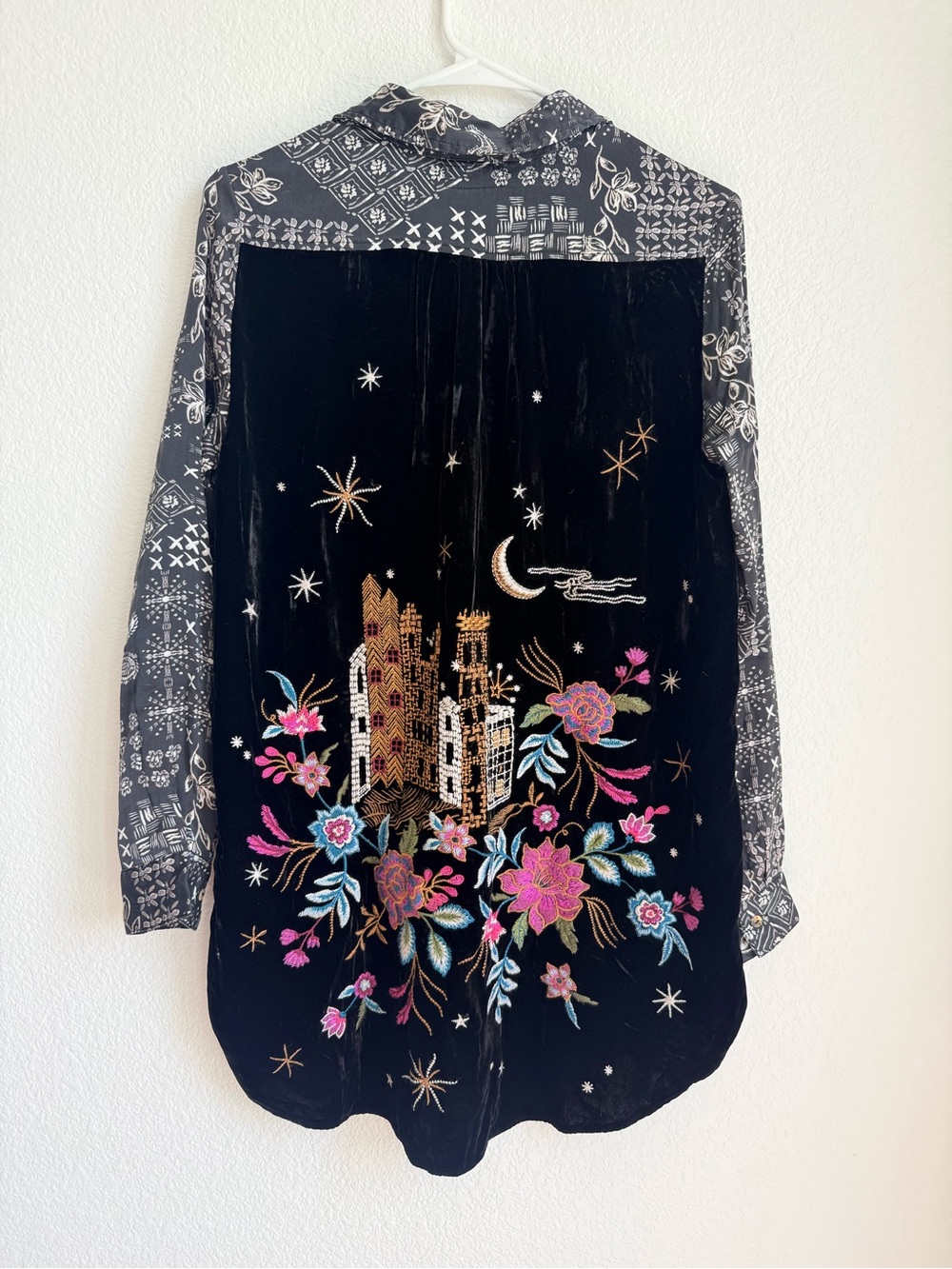 Johnny Was Cordelia Velvet Embroidered Bach Silk Blouse Patchwork XS